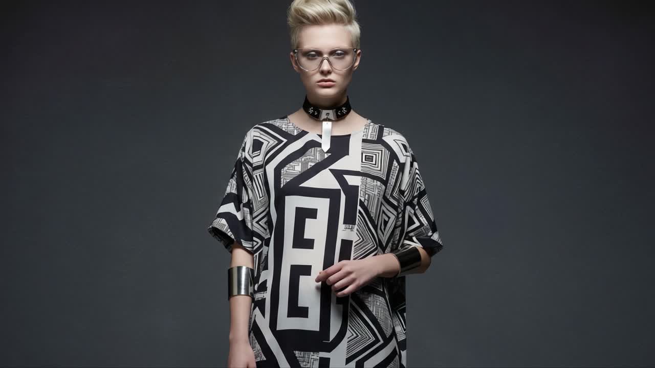 A Fashion Model Showcasing a Unique Black and White Geometric Pattern Outfit in a Studio Setting with Bold Accessories and Modern Aesthetic