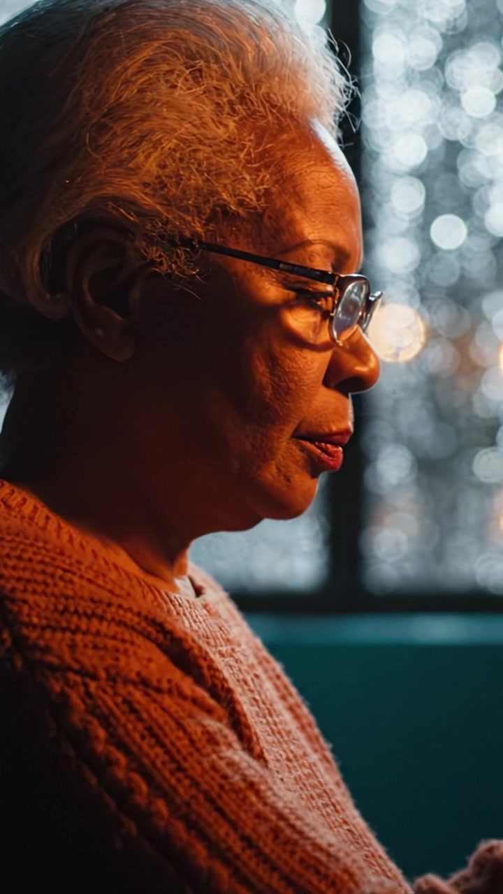 Profile of a Thoughtful Woman with Glasses, Illuminated by Soft Light, Creating an Intimate and Reflective Atmosphere in a Quiet Indoor Setting