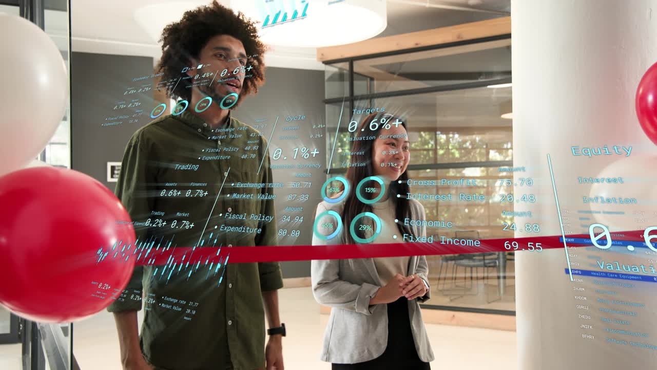 Male host speaking and gesturing in lobby activating AR overlay showing launch metrics over ribbon