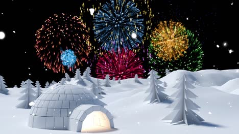 animation of fireworks exploding over winter scenery