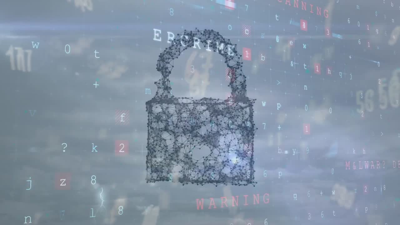 ⁇ 락 아이콘의 애니메이션과 구름이 있는 하늘 위의 사이버 공격