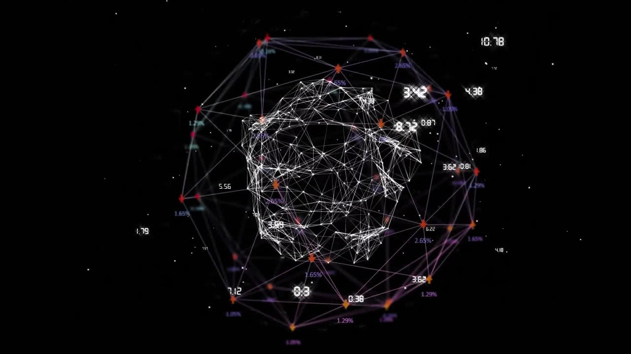 Animation of globe with connections and data processing over dark background