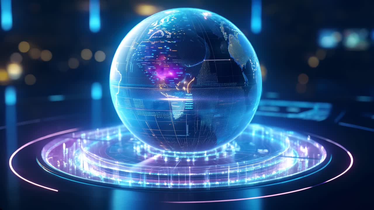 Futuristic digital globe with glowing data streams, set in a high-tech environment