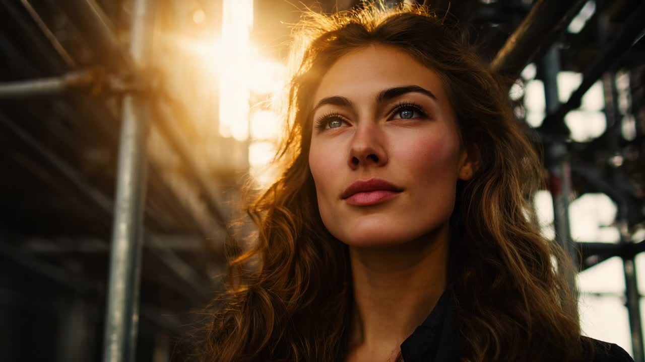 A Thoughtful Woman Gazes Into the Distance as the Sun Sets Behind Scaffolding, Illuminating Her Features with a Warm Glow and Highlighting the Textures of Her Hair and the Environment Around Her