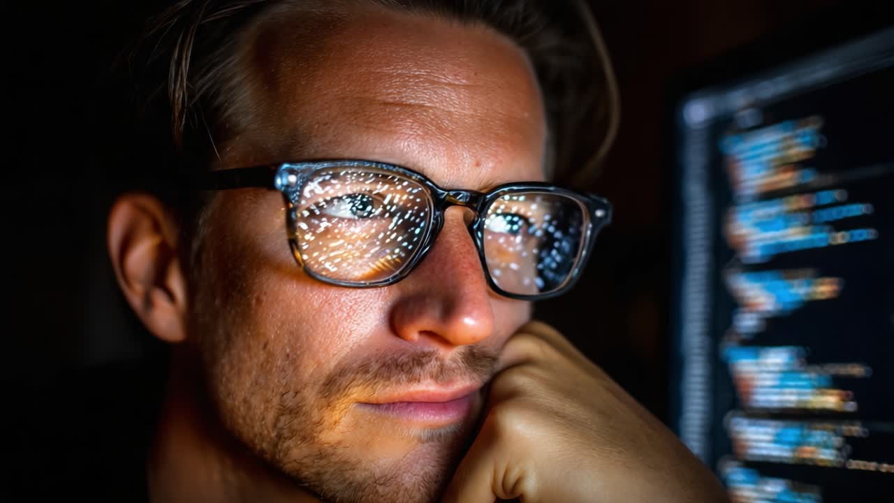 A Thoughtful Programmer Deep in Concentration, Surrounded by the Glow of Code and Technology, Symbolizing Innovation and Creative Problem Solving in the Digital Age