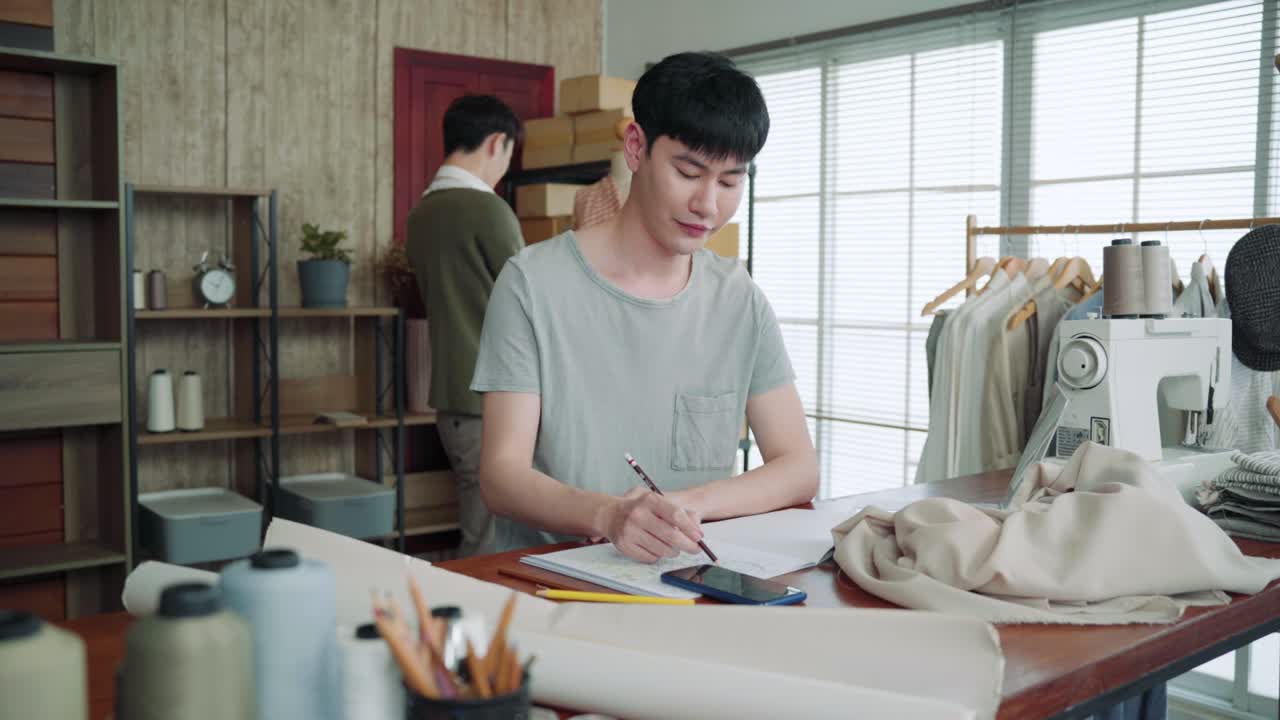 젊은 똑똑한 아시아 lgbti 남성들이 함께 일합니다. 파트너십, 소규모 사업 시작 디자이너, 의류 사업 상점 소유자, 프리랜서 집이나 사무실 스튜디오에서 일, 비즈니스 우정 파트너.