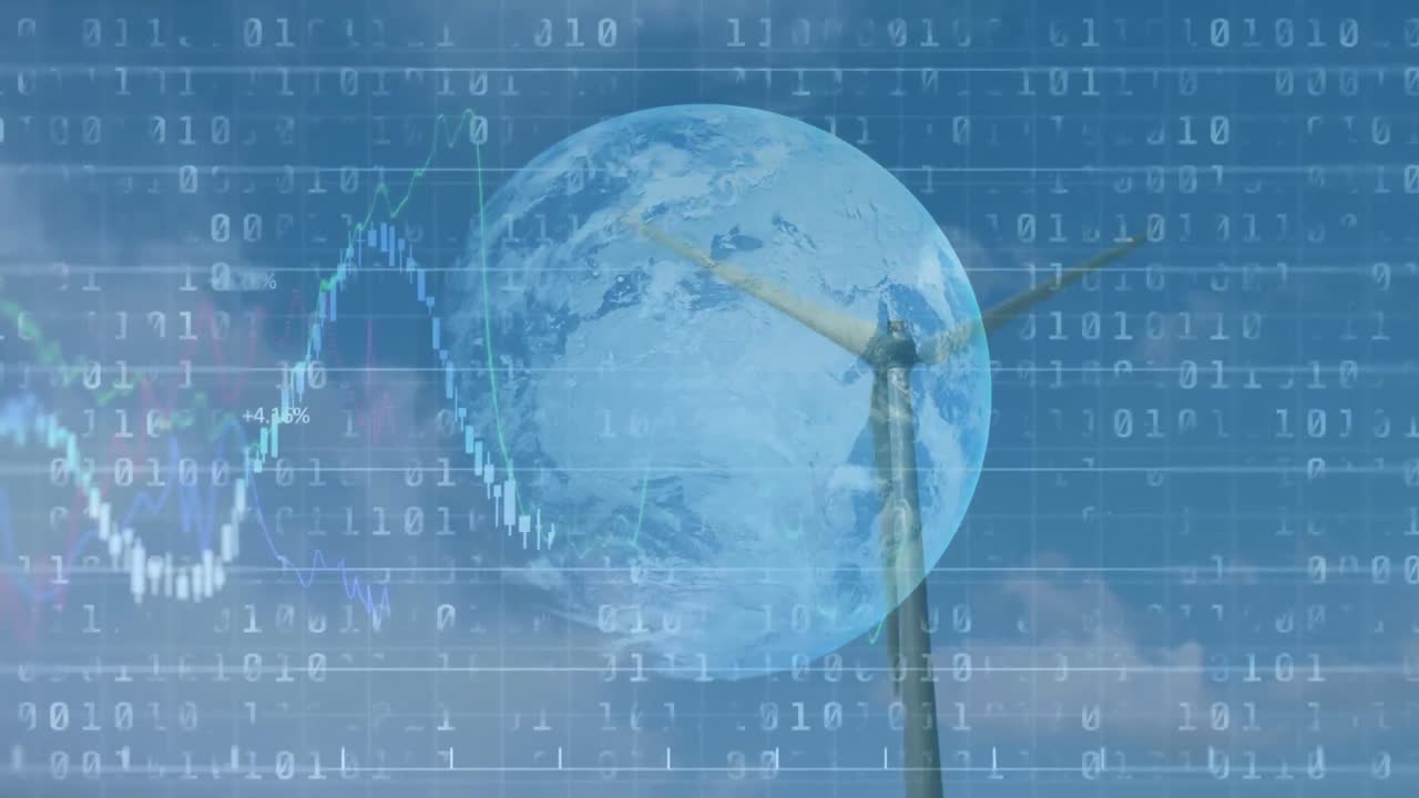 바이너리 코딩과 풍력 터빈을 통한 데이터 처리 애니메이션