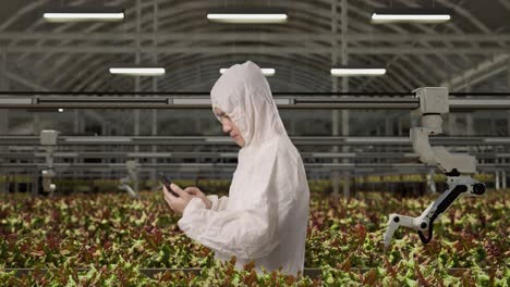 side view of asian man researcher using smartphone while standing in the greenhouse with smart robotic farmers