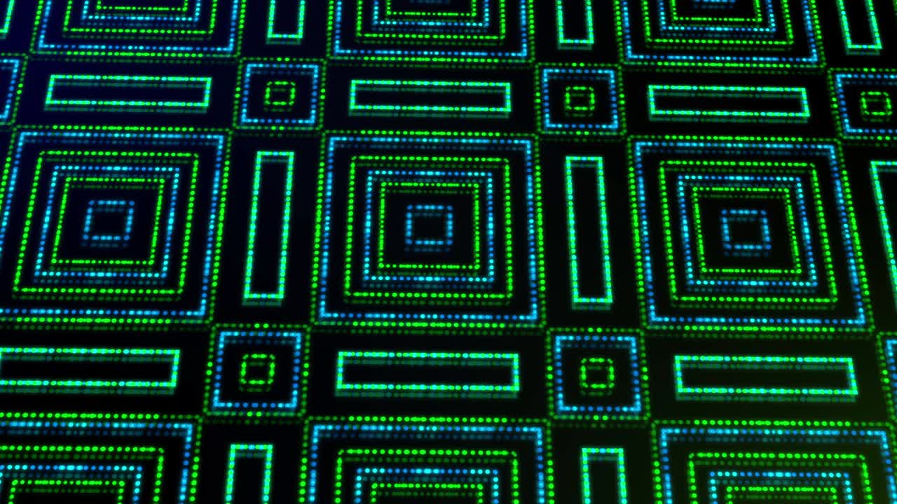 ilustración animada luz brillando puntos verdes y azules y estrellas formas cuadradas.