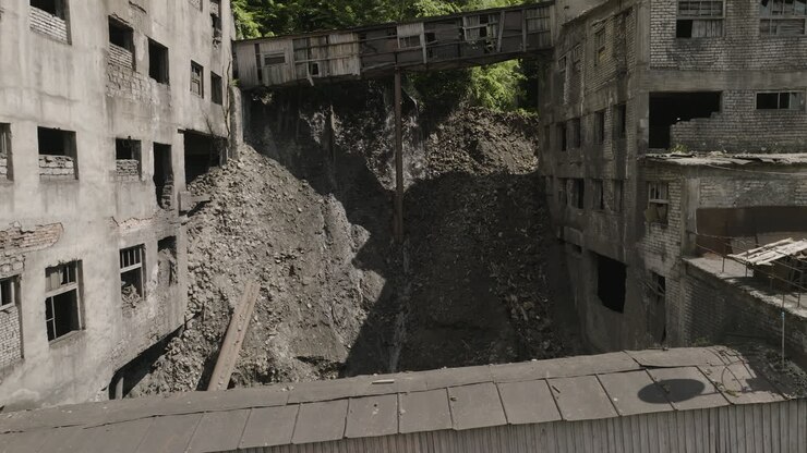 Cumulo di macerie tra gli edifici distrutti della miniera abbandonata di Chiatura
