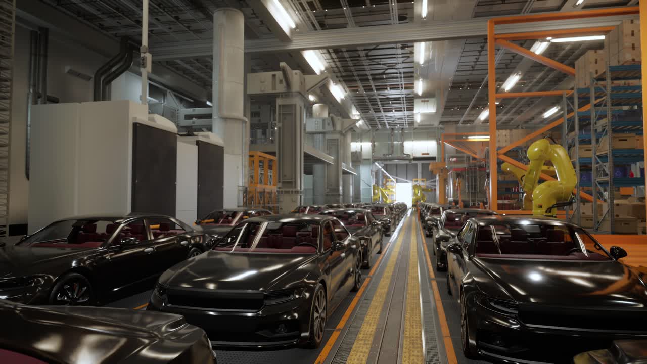 자동차 공장 내부. 자동차 조립 라인에 있는 검은색 자동차 바디. 산업 공장, 자동차 공장, 차량 생산 공장 시설