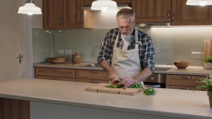 Entrando nell'inquadratura, cuoco con grembiule che trita erbe con un coltello su un tagliere in cucina, spazio per il testo.