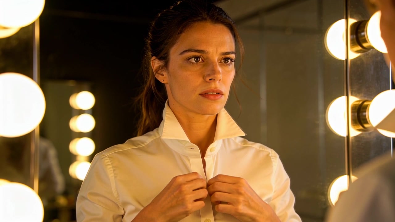 Un artista si sistema allacciando la camicia bianca allo specchio del backstage con lampadine calde, preparandosi per il palco.