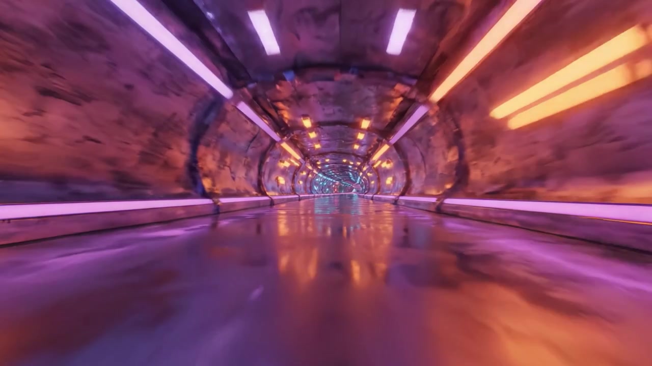 Tunnel Futuristico Illuminato: Un Viaggio Attraverso Luci Vibranti e Riflessi in un Ambiente High-Tech