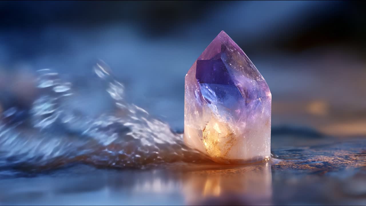 A striking crystal amethyst glimmers amidst gentle water ripples, showcasing its intricate facets and vibrant colors in a serene natural setting, captivating all who gaze upon it