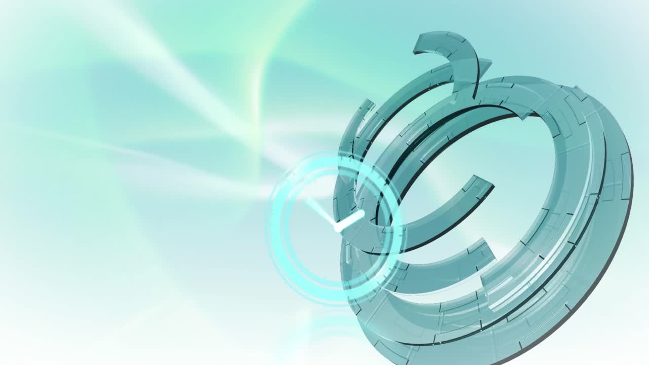 네온 디지털 시계의 디지털 애니메이션이 파란색 배경의 둥근 스캐너에 맞춰 틱하고 있습니다.