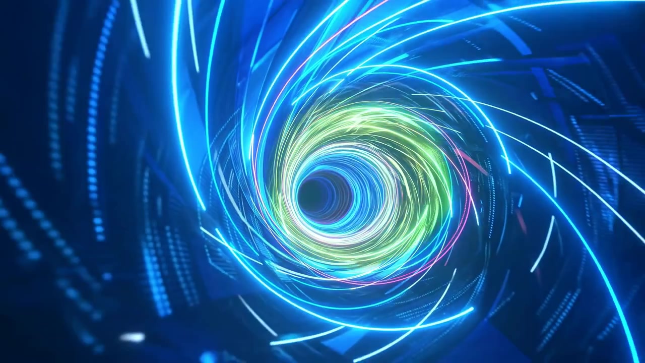 Abstract neon tunnel with cyan, magenta, and violet bands curling in layered loops toward dark center, with soft bloom, haze, and strong depth for dynamic futuristic visual impact, with neon, tunnel