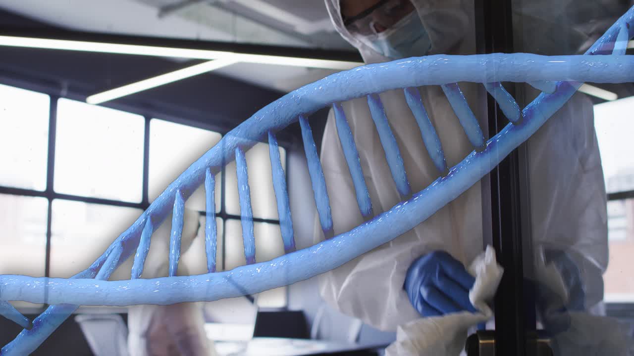 Right-side cleaner pressing handle and sanitizing frame in business area, blue DNA helix overlaying