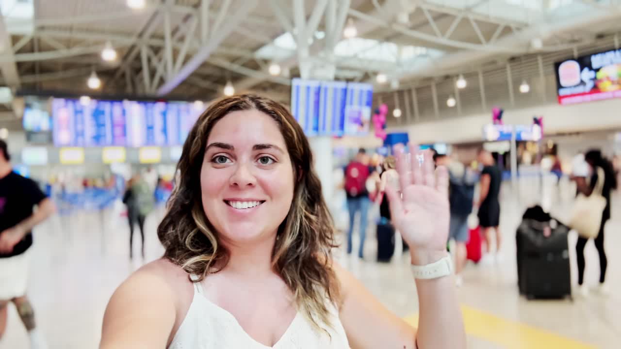 Giovane donna che cattura un momento di viaggio con un selfie in aeroporto.