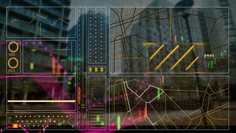 animation of financial data processing over cityscape