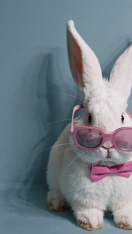 a close-up video still of a white rabbit wearing pink sunglasses and a bow tie, shot from a front