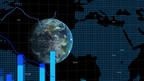 procesamiento de datos financieros contra el globo giratorio y el mapa del mundo