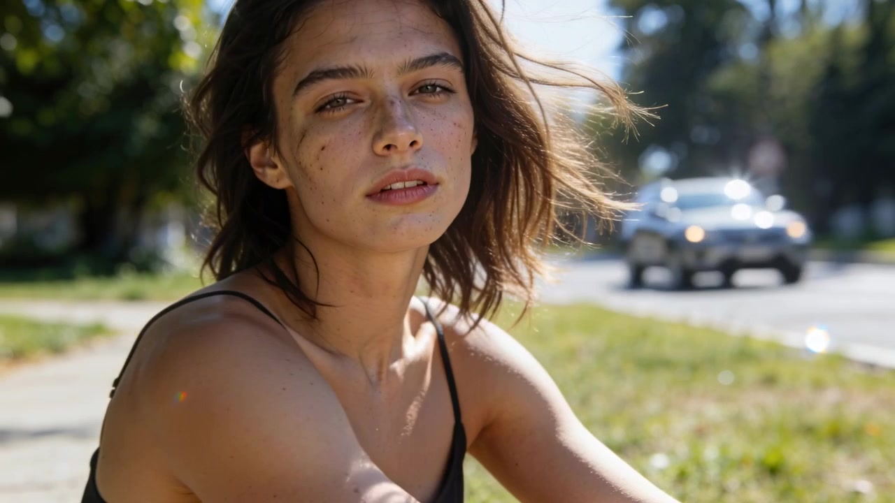 Donna seduta con un top nero in posa, cambiando postura sul ciglio della strada, con la brezza che le solleva i capelli e un'auto che passa