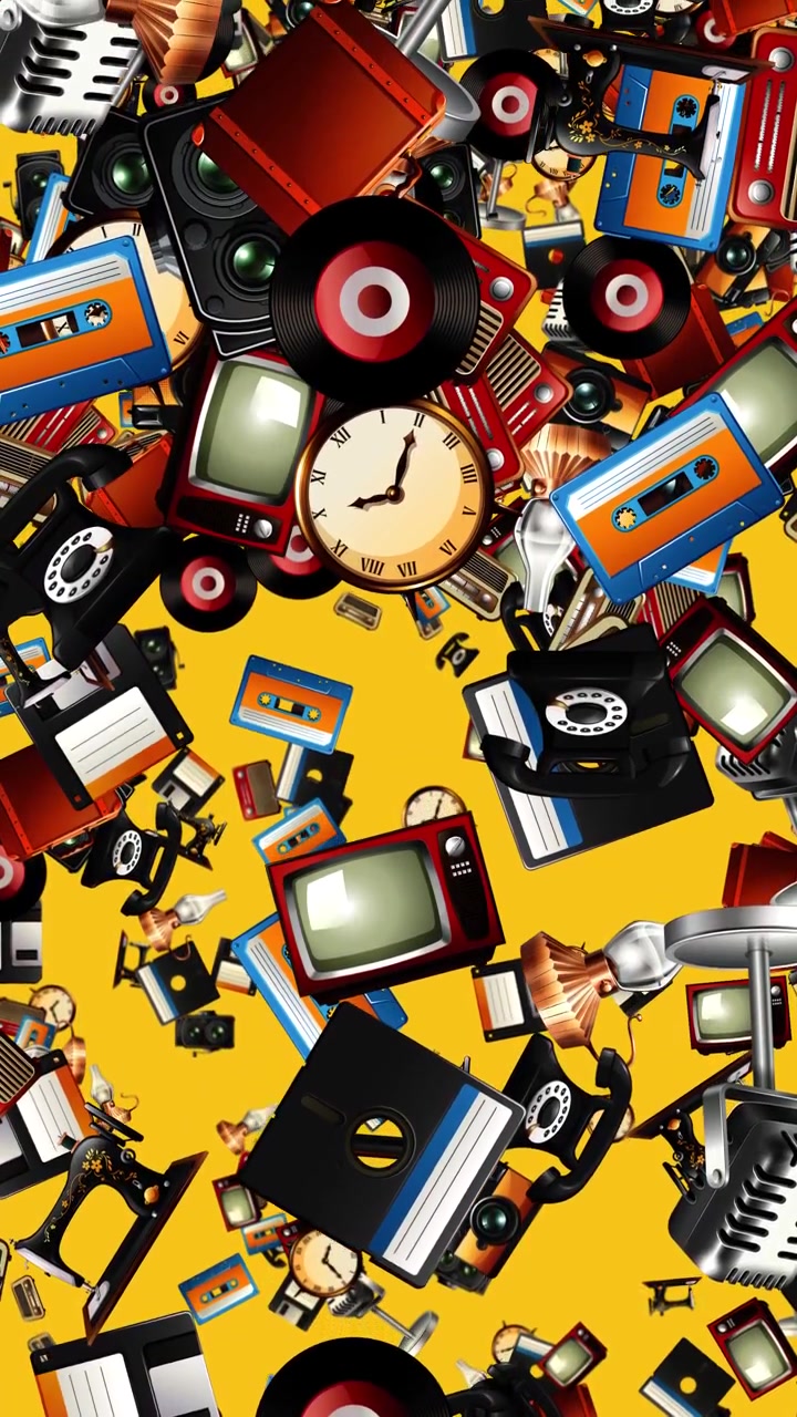 Vintage electronics and media objects fall vertically, creating a dense pile over a yellow backdrop
