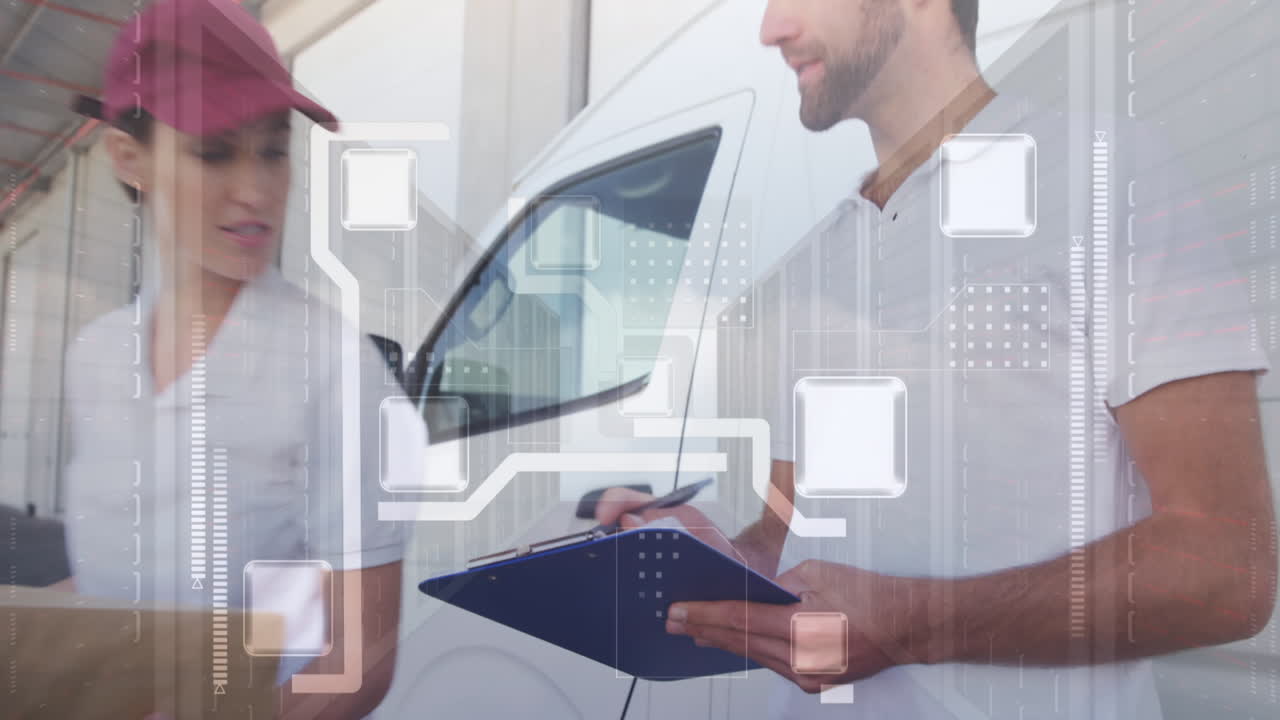 animación de gráficos financieros sobre felices mensajeros caucásicos femeninos y masculinos haciendo notas