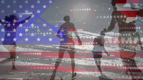 animation of flag of usa over happy diverse friends on beach in summer