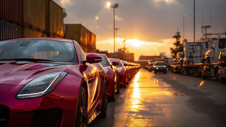 Un atardecer deslumbrante ilumina una fila de deportivos rojos en un entorno industrial, reflejando el brillo del cielo y el pavimento mojado e iluminado