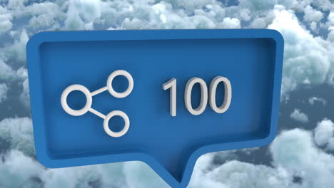 animation of heart share icon with numbers on speech bubble over sky and clouds