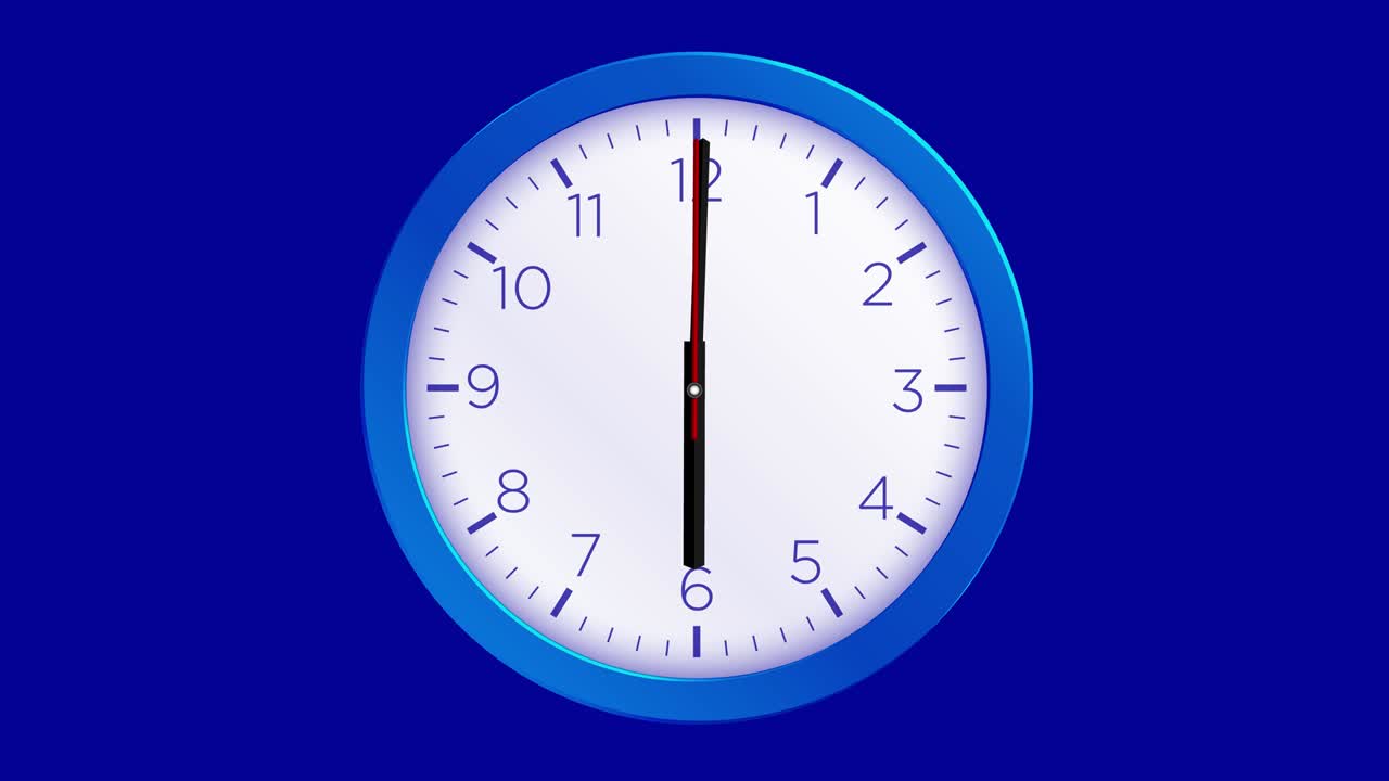 Timelapse orologio in loop di 12 ore - Orologio - Orologio da parete - Rendering 3D astratto minimale del movimento dell'orologio, concetto di tempo, ore in timelapse - Timelapse orologio - Timelapse orologio in loop - Timelapse di 12 ore - Loop orologio colore blu - Sfondo blu - Ora dell'orologio