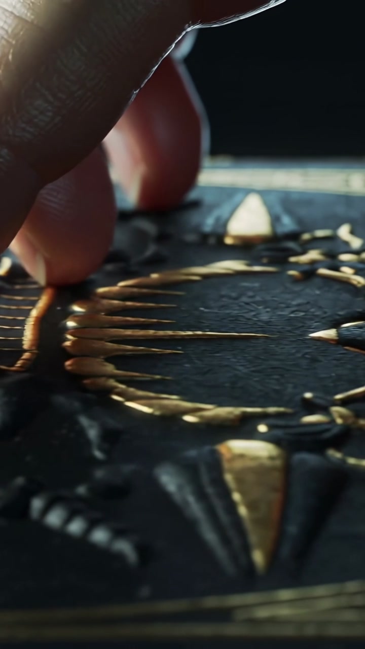 Vertical video: Pressing fingertip, hand tracing gold ornament in studio inspecting orange accent