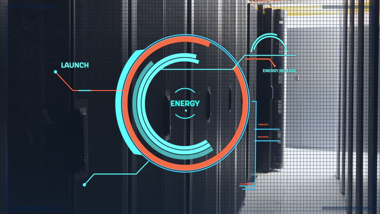 Animation of round scanner and data processing against computer server room