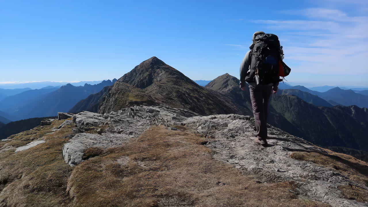 산꼭대기 에서 산책 하는 사람