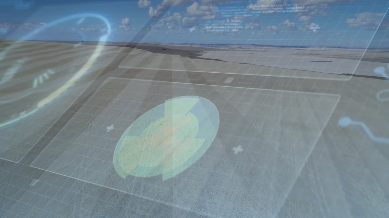 Flat design farmland hosting flying HUD overlays with circular charts grid panels plus-sign markers