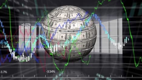 animation of data processing and globe of banknotes over empty office