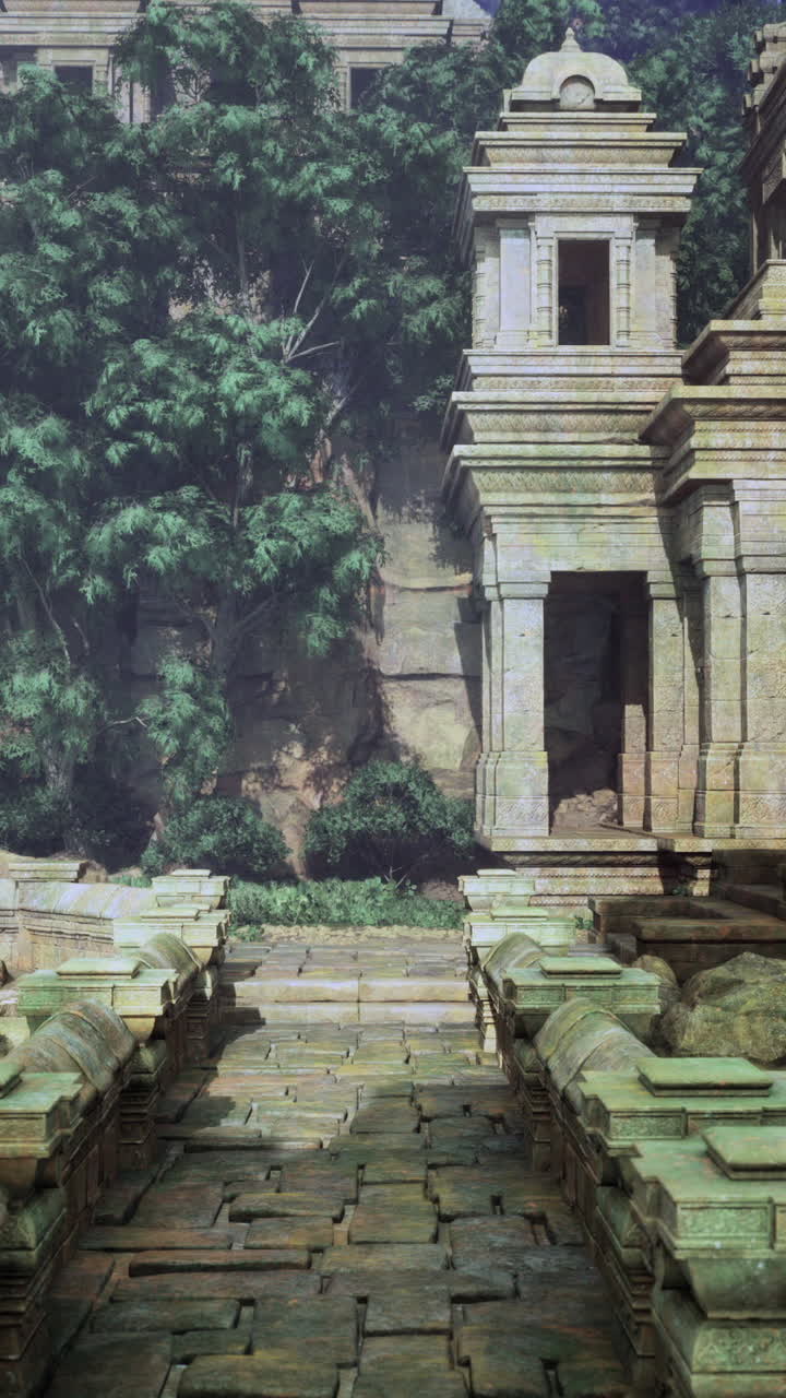 Ancient temple ruins nestled in lush greenery during daylight