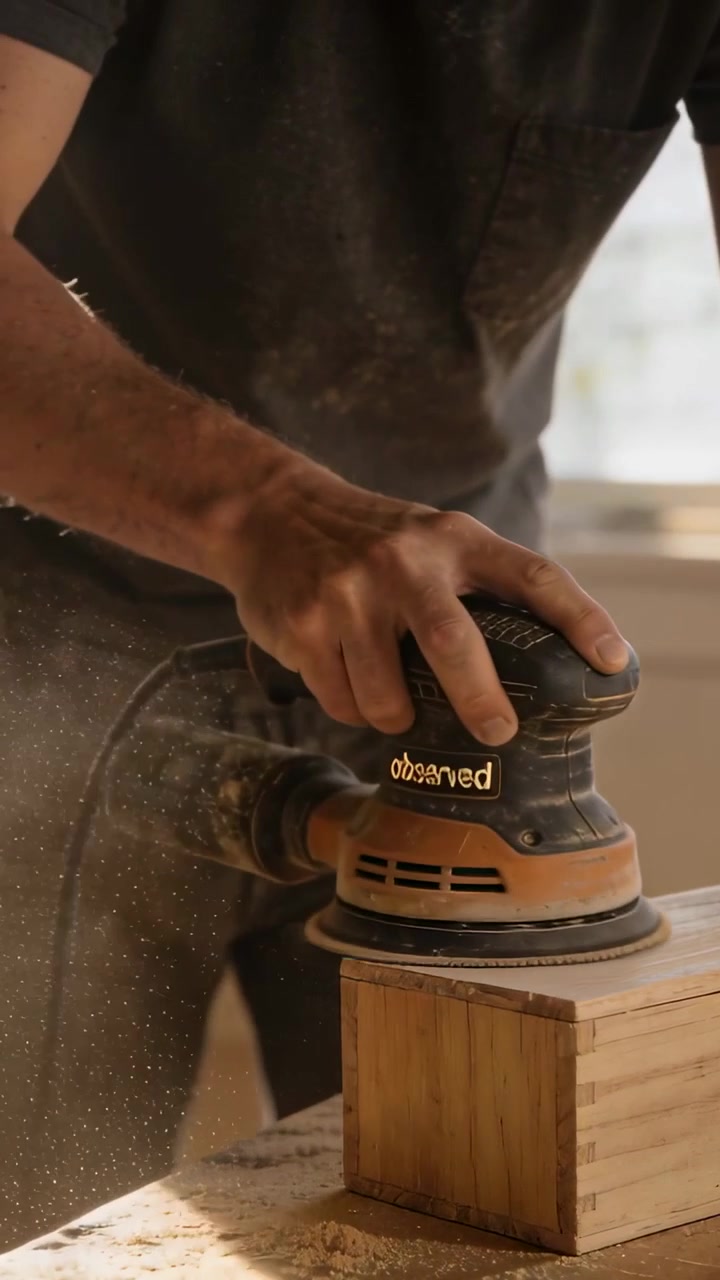 Vertical video: Pressing orbital sander man in dark tee sanding wood block at bench, smoothing wood