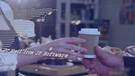 animación de procesamiento de datos y mapa del mundo sobre la sección media de la camarera que sirve café en una cafetería