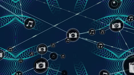 animación de una red de iconos digitales sobre patrones caleidoscópicos verdes contra un fondo azul