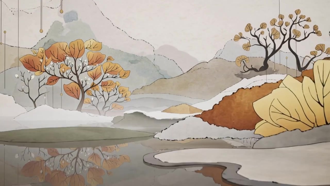 镜头拉远，展现出工作室中撕纸效果的山丘和秋日湖泊，平静的水面与树叶相映成趣。