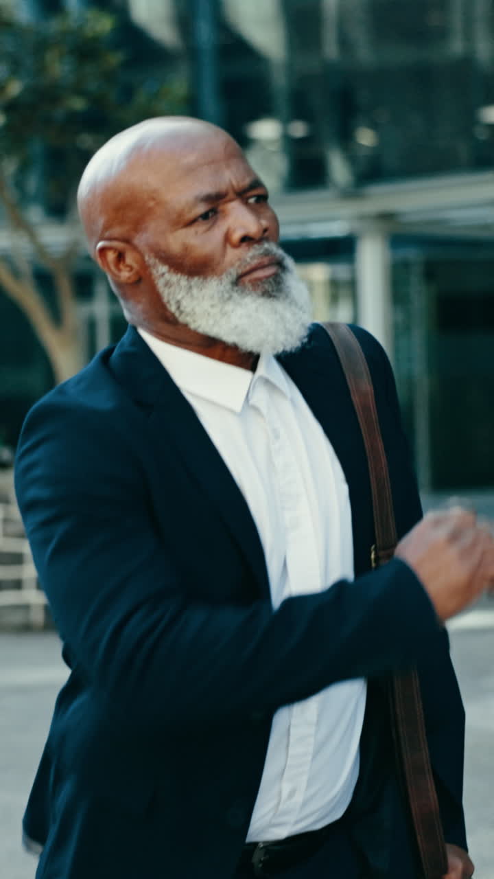 Corporate, city and mature black man running