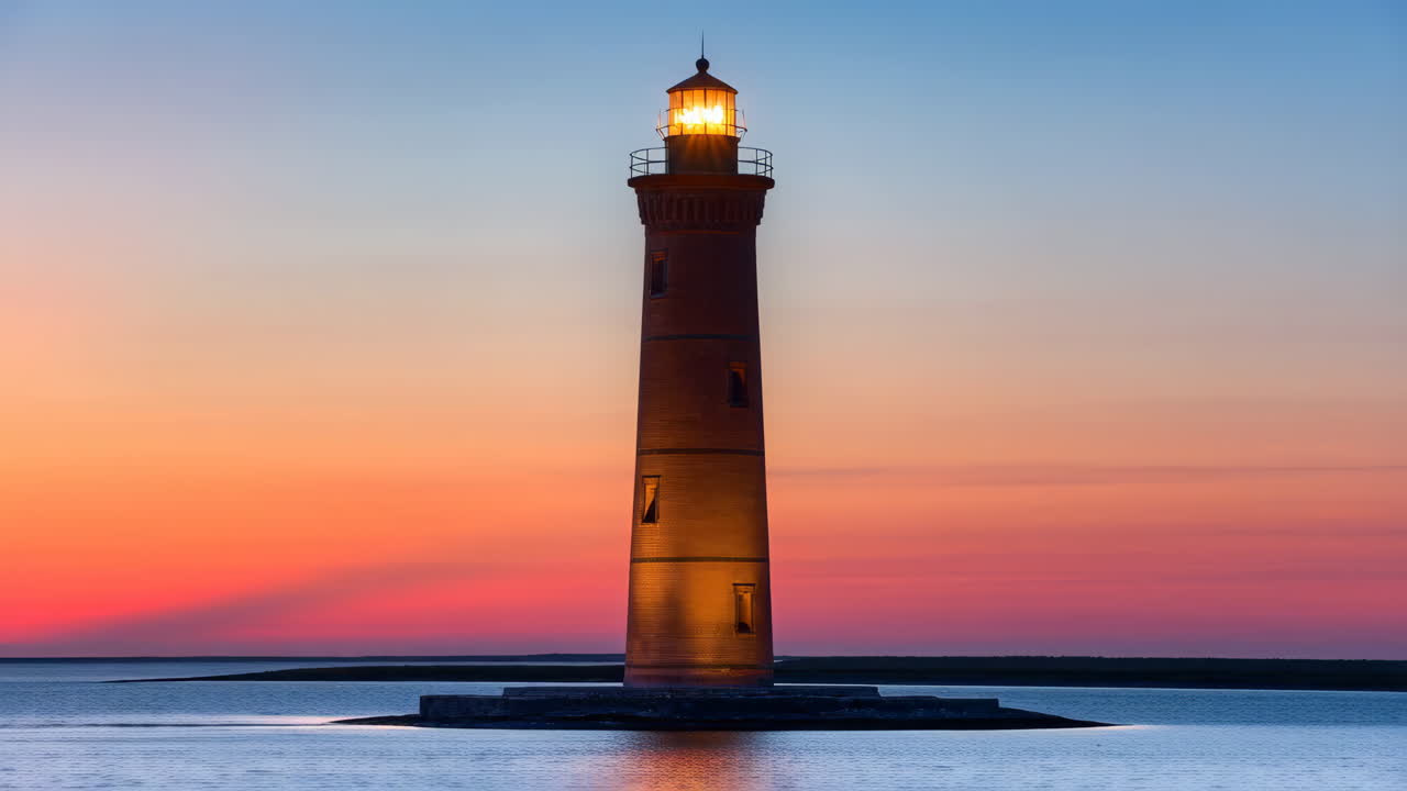 Time lapse di un faro illuminato sull'acqua al tramonto