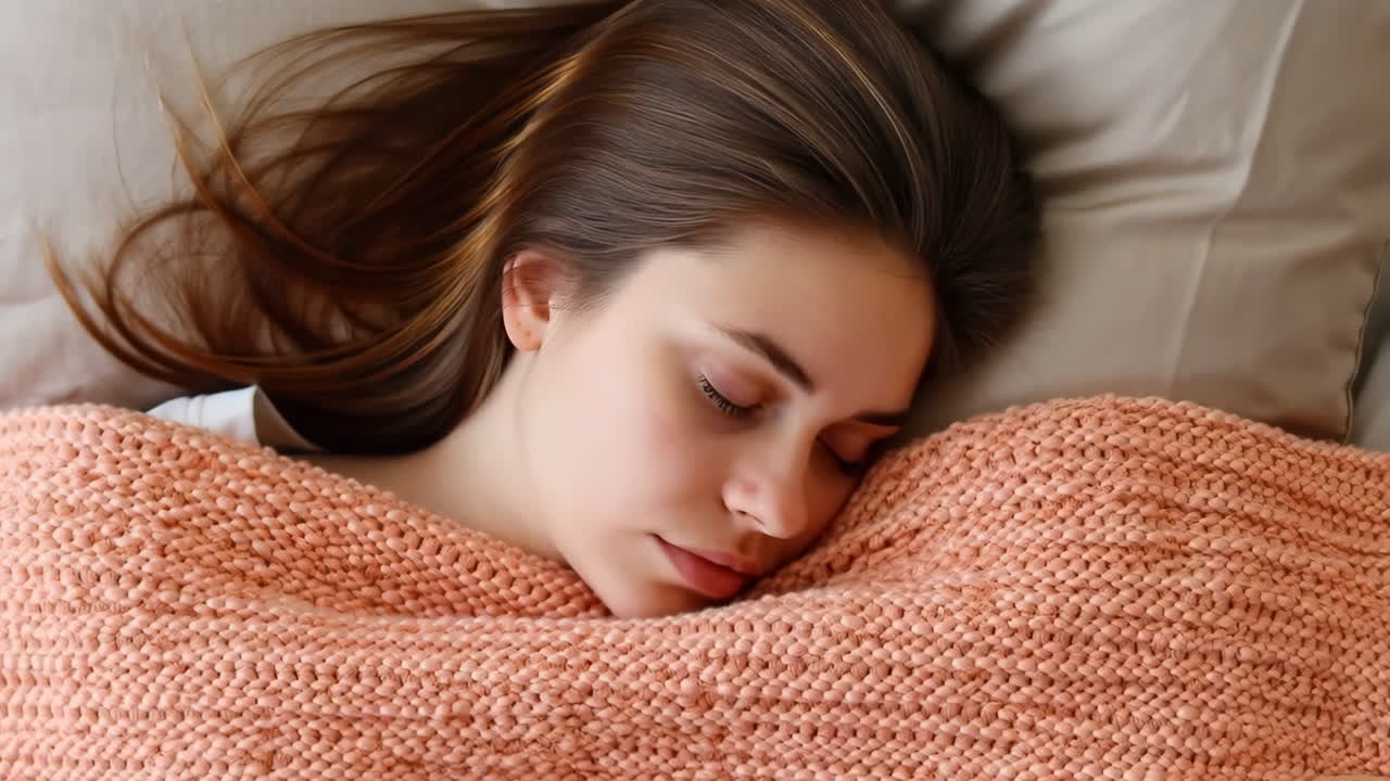 Ung kvinde sover fredeligt i seng med et strikket tæppe
