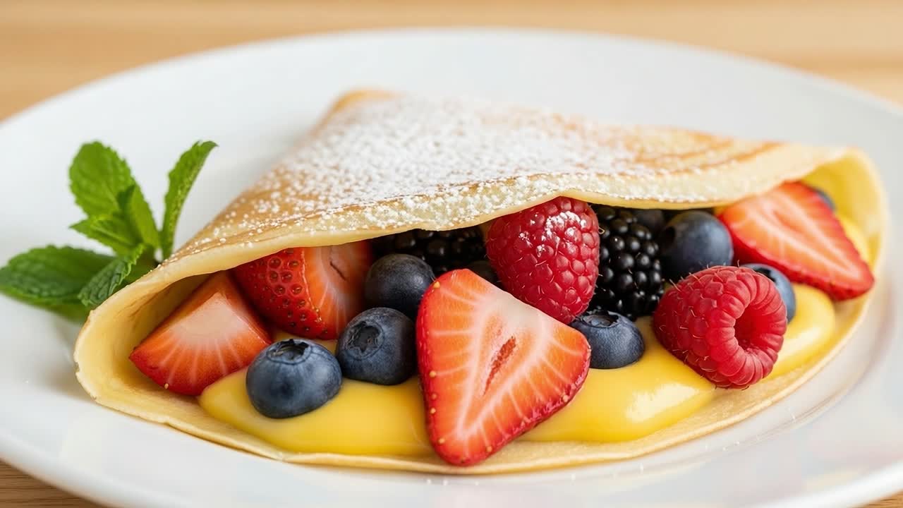 Delicious and Colorful Fruit Crepe Filled with Fresh Berries and Creamy Custard, Perfectly Served on a White Plate with a Touch of Mint Garnish