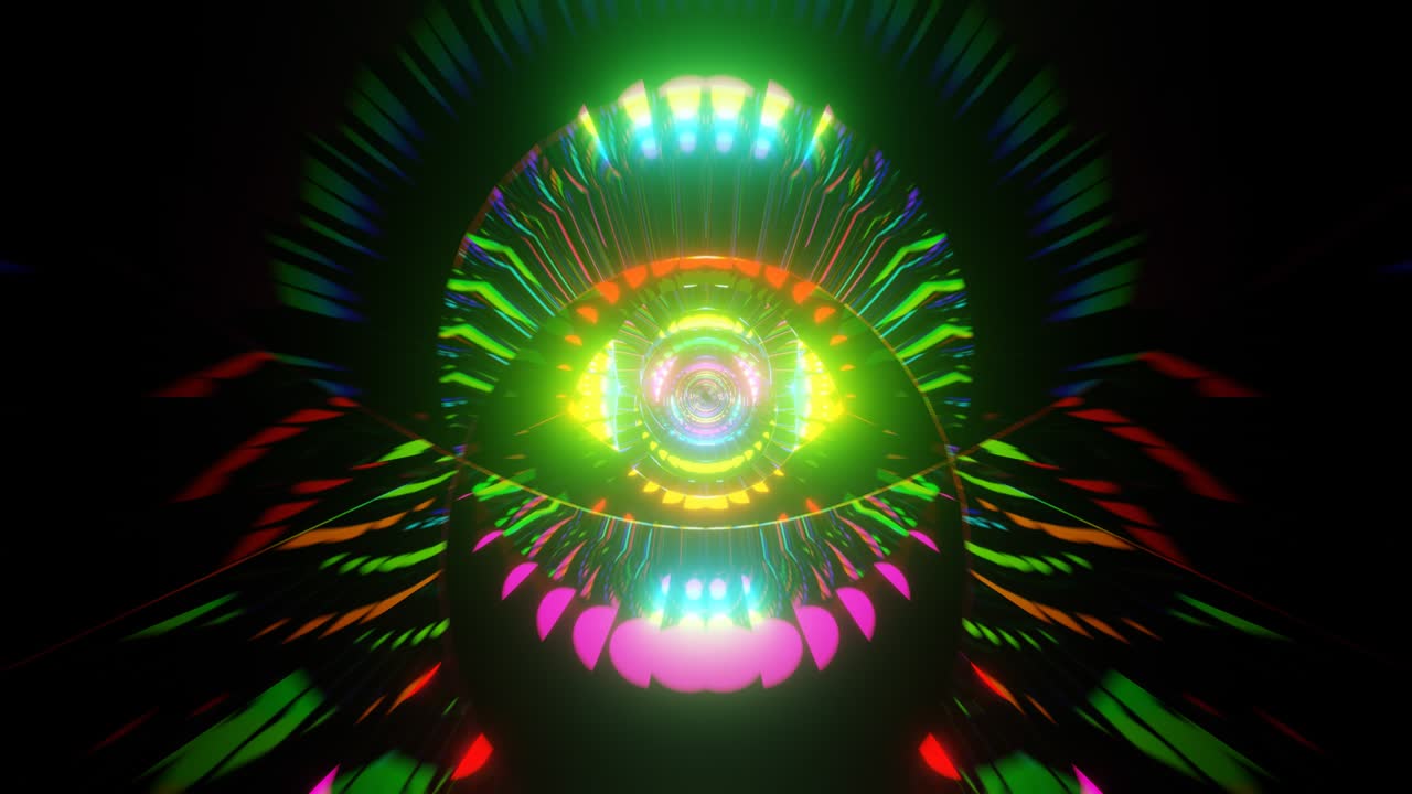 Sfondo astratto multicolore psichedelico ipnotico tecnologico per VJ loop. Grafica 3D con illusione di movimento in loop continuo per transizioni di palcoscenici musicali, spettacoli, retro, alta tecnologia.