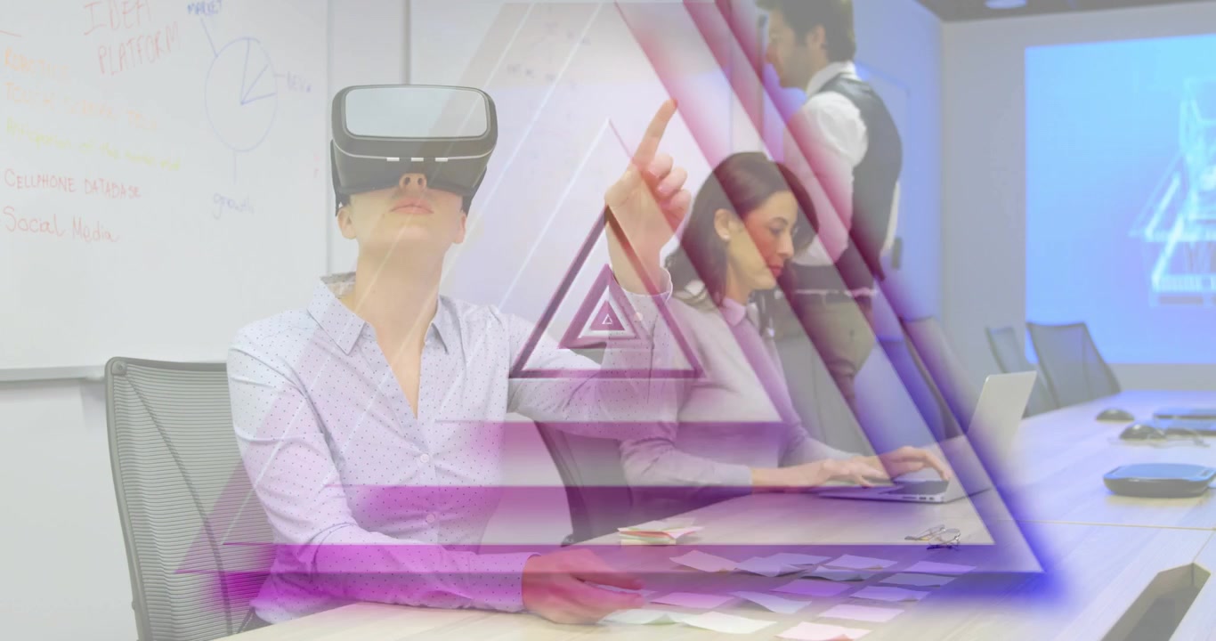Triangular overlay appearing, VR user raising hand using menu, laptop typing, man noting for review
