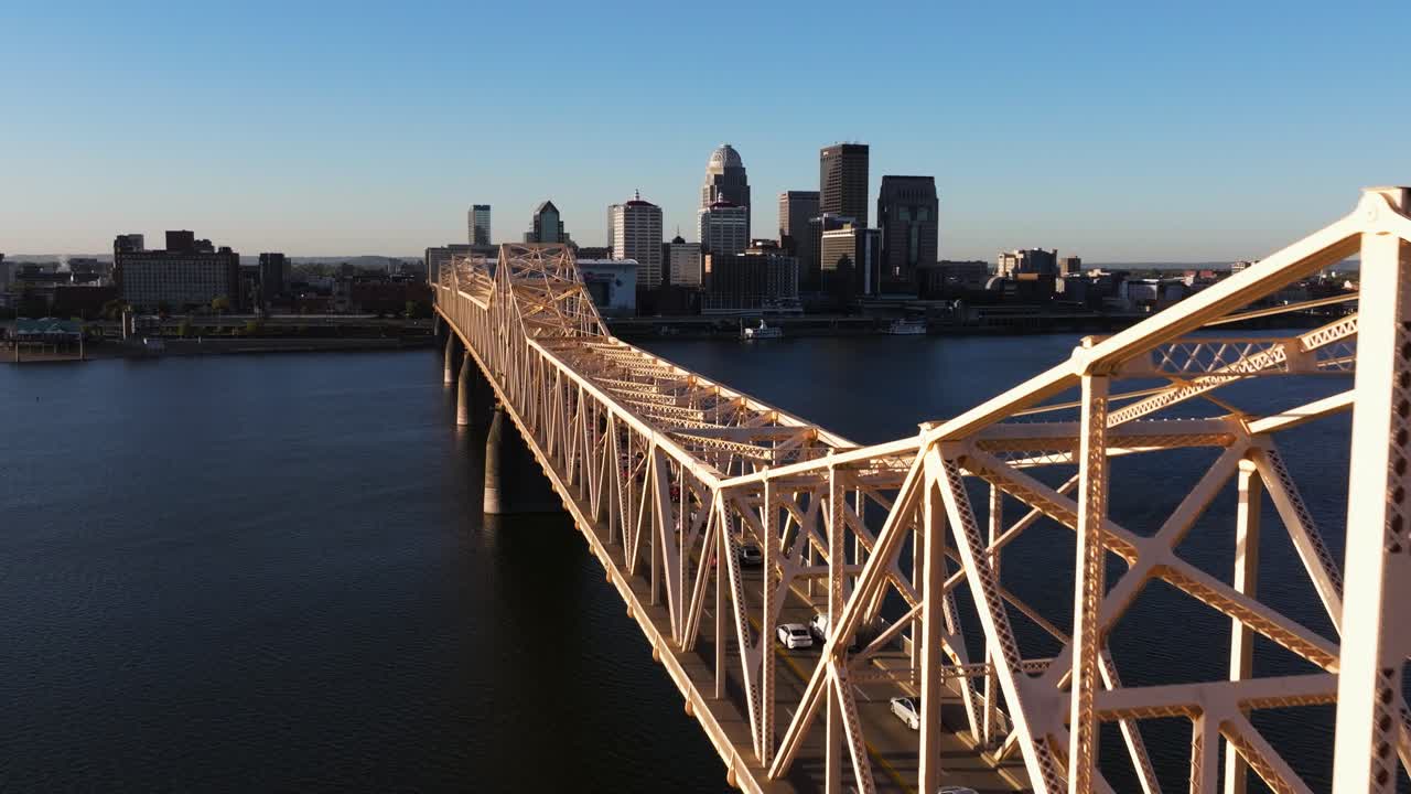 Forward Drone Shot Above Clark Memorial Bridge. Louisville Skyline in Background